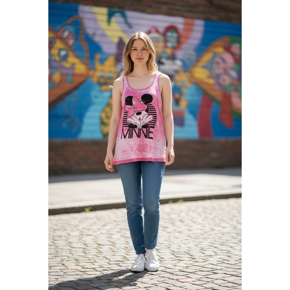 Disney Minnie Mouse Pink Acid‎ Wash Graphic Tank Top Womens Medium M 7-9 Burnout